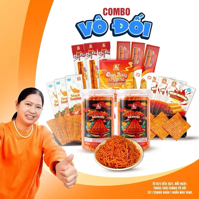 (NGÀY 1/5 - 31/5, MỖI NGÀY NHẬN 1 NHẪN TRONG 1000 ĐƠN) Combo VÔ ĐỐI gồm : 2 hũ snack tăm cay + 3 nem nướng +3 sashimi +3 cột điện + 3 bìa cát tông + 1 gân rồng ĂN CÙNG BÀ TUYẾT