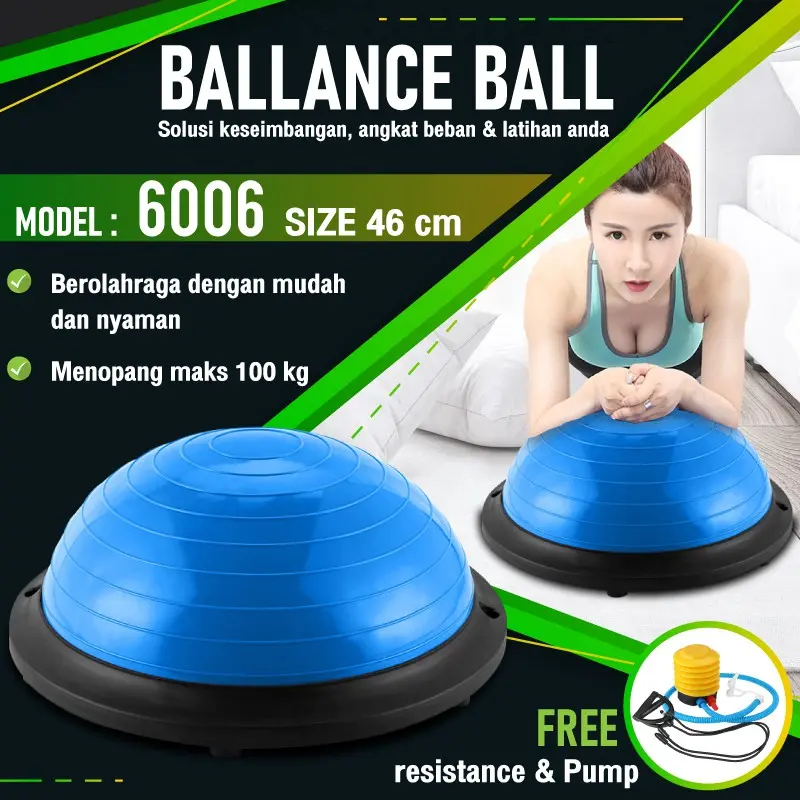 BOSU GYM BALL ALAT OLAHRAGA BOLA FITNESS PILATES BALANCE PAD BALL FREE PUMP & RESISTANCE BAND 1