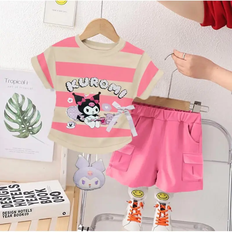 One set kaos anak perempuan baju dan celana pendek model import / set model korea anak perempuan motif terbaru dan terlaris 1-6 tahun Setelan Fashion Katun Merah 1