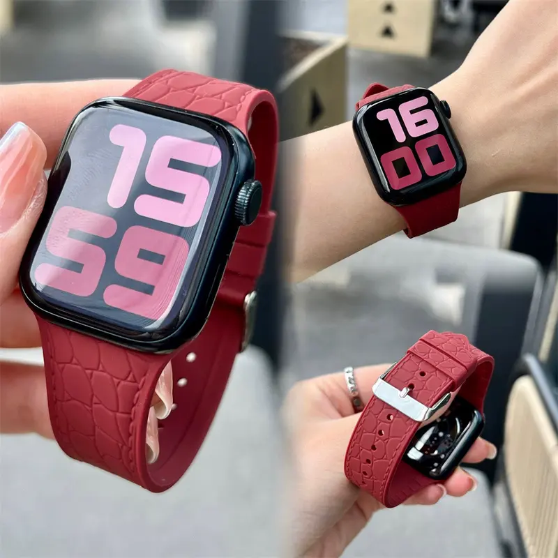 Dây đeo đồng hồ silicon với kết cấu cá sấu, dây đeo cho Apple Watch S9 /8/7/6/5/4/3/ 2 / 1 SE2 ULTRA, thiết kế khóa pin, dây đeo thay thế silicon mềm cho iWatch 49MM 45 44 42 41 40 38 2