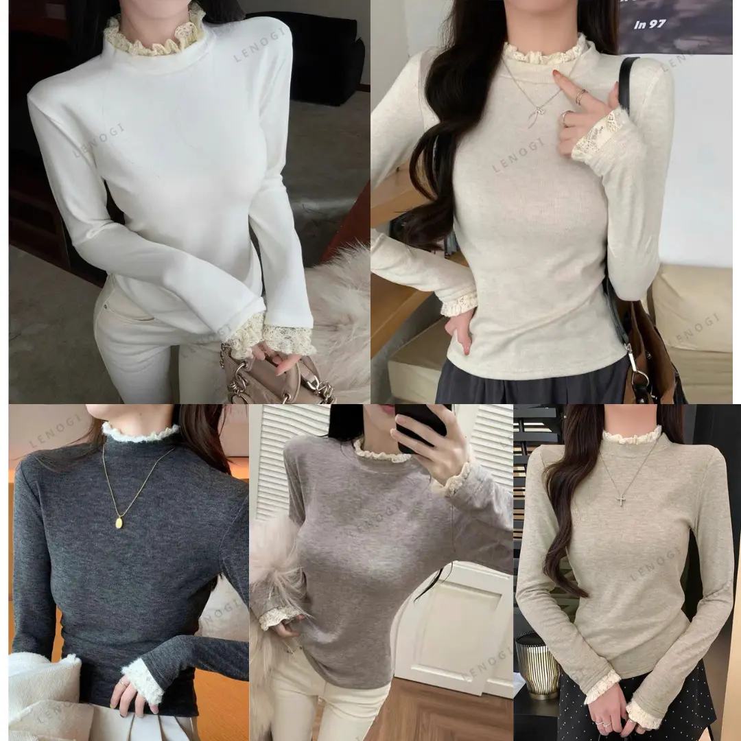Áo giữ nhiệt tăm lông thỏ phối ren Lenogi Áo cổ cao  co dãn mềm mại ấm áp | BigBuy360 - bigbuy360.vn