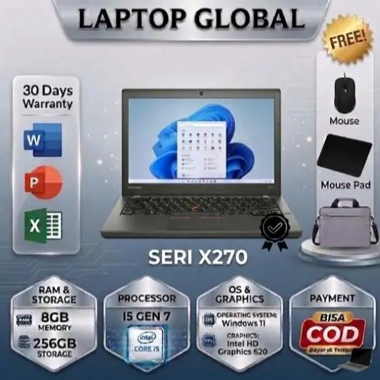 Laptop GLOBAL THINKPAD SERI X270 I5 GEN 7 RAM 8/16GB Mulus Original Berkualitas Bergaransi Layar 12.5 inch Windows 11 Prosesor Intel Core i5 SSD 256GB/512GB Grafis Intel HD Graphics 620 Port USB-C USB 3.0 HDMI LAN Konektivitas WiFi Bluetooth Berat 1.3 kg