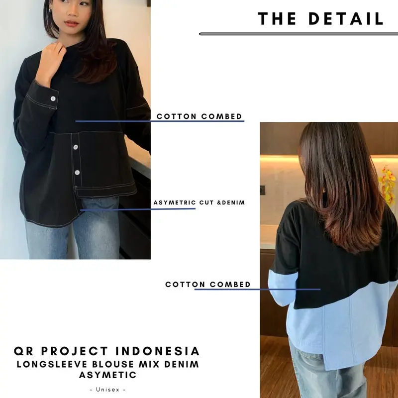 Kaos Blouse Atasan Wanita Double Layer Cotton Combed Mix Denim 2