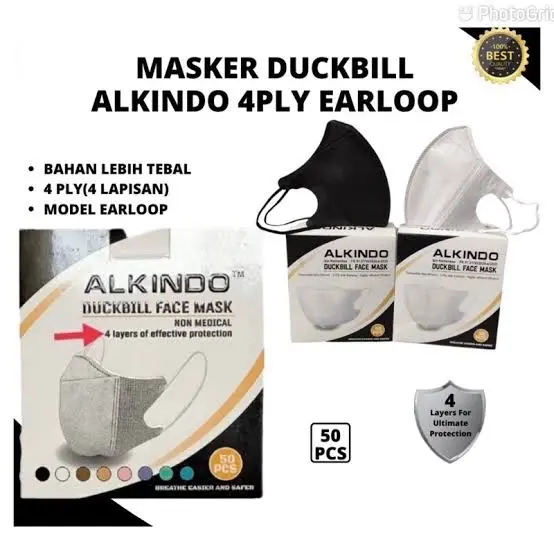 Masker Duckbill 4 Ply Alkindo - Isi 50 Pcs/Box - Nyaman & Aman di Kulit Elegan Di Pakai 4