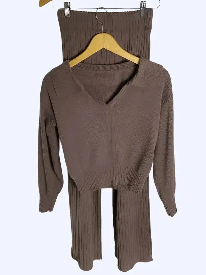 SETELAN RAJUT WOLLY WANITA ATASAN POLO KERAH PANJANG+KULOT HIGHWAIST TEBAL/oneset wanita/oneset knit Baju Celana Lengan panjang Lembut setelan crop Basic Fit Karet Tangan Rib Bawahan Topi Top Linen