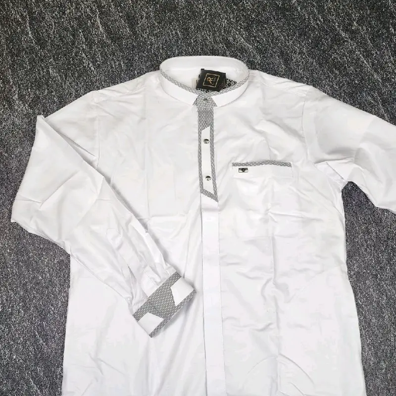 Baju Koko Alraz Zulkarnain Khusus Putih Panjang Lengan Manset Katun Premium - Formal, Dewasa, Garis, Muslim, Pria, Motif, Nyaman, Kerah 3