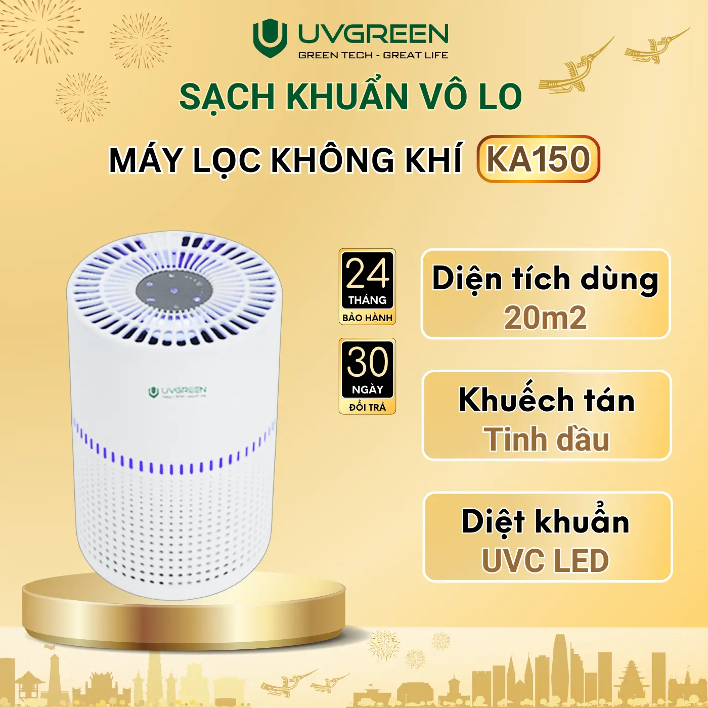 Máy Lọc Không Khí Diệt Khuẩn UVGREEN KA150 20m2 - UVC LED Hiện Đại, Làm Sạch Không Khí Phòng Ngủ Gia Đình, Bộ Lọc HEPA H13 Chống Vi Khuẩn Lọc Bụi Mịn, Lông Tóc Và Mùi