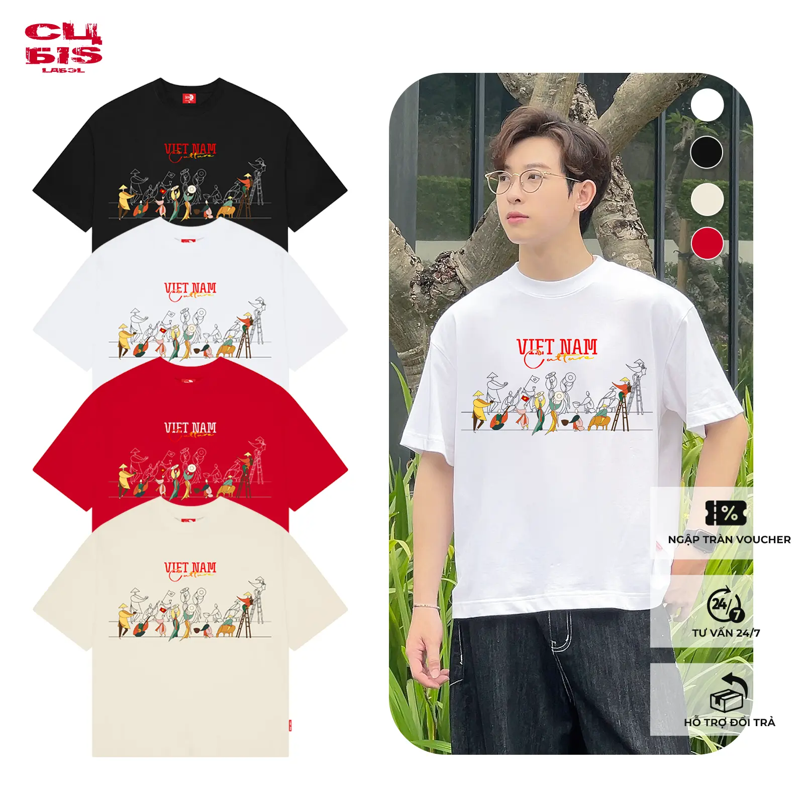 Áo Thun " Vietnam Culture " Local Brand CUBIS LABEL Form Boxy Rộng Unisex Nam Nữ -Cotton-Định lượng 250gsm ĐEN XL độc lập