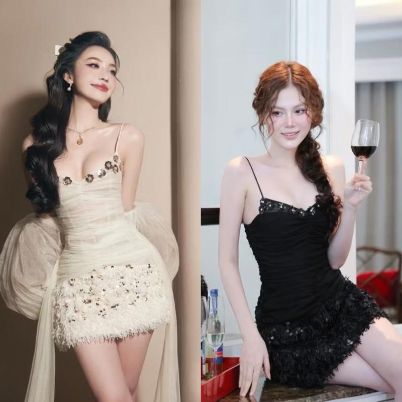 Đầm 2 dây ôm tua rua phối tùng lông kim sa CÓ QUẦN kho sỉ hải chuyền Đ700