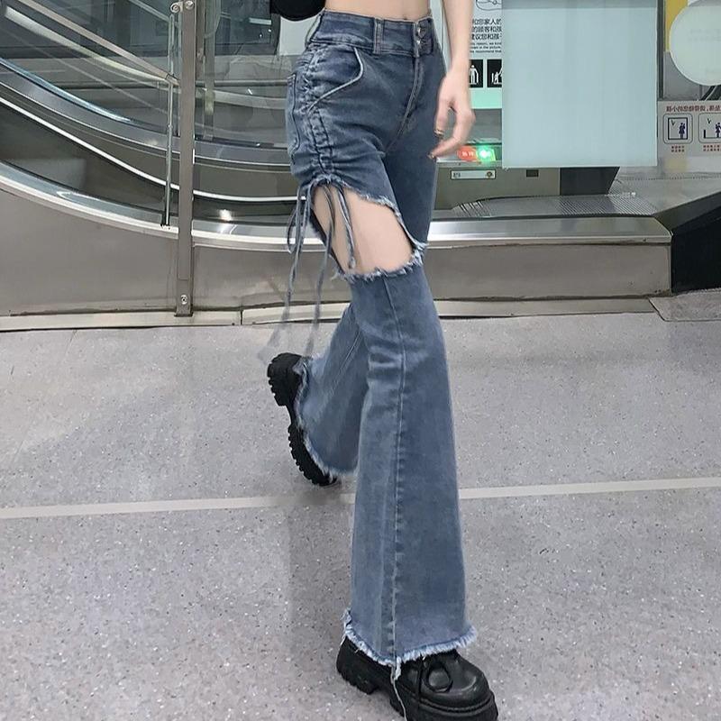 Quần Jean Rách Cho Nữ Retro Nhỏ Không Đều Mỏng Quần Ống Loe Siêu Nhỏ