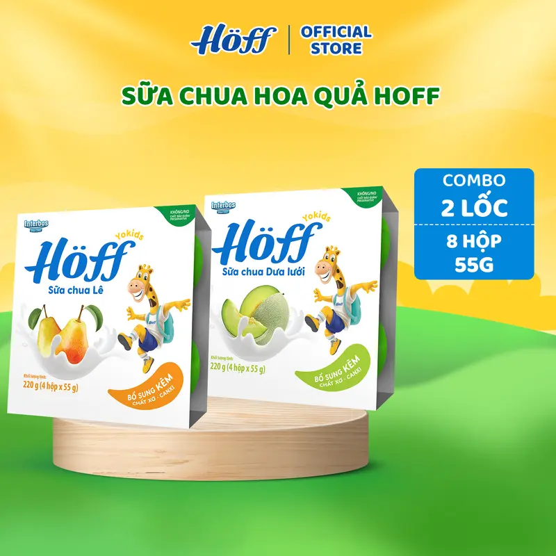 (Mới) Combo 2 sữa chua trái cây Hoff Mix vị Lê và Dưa Lưới 2 lốc (8 hộp x 55g) 0