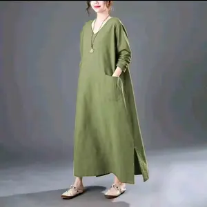 Donna Dress Linen Rami Premium Jumbo Baju Harian Wanita - Dewasa, Casual, Panjang, Midi,    Nyaman, Katun Gamis, dress