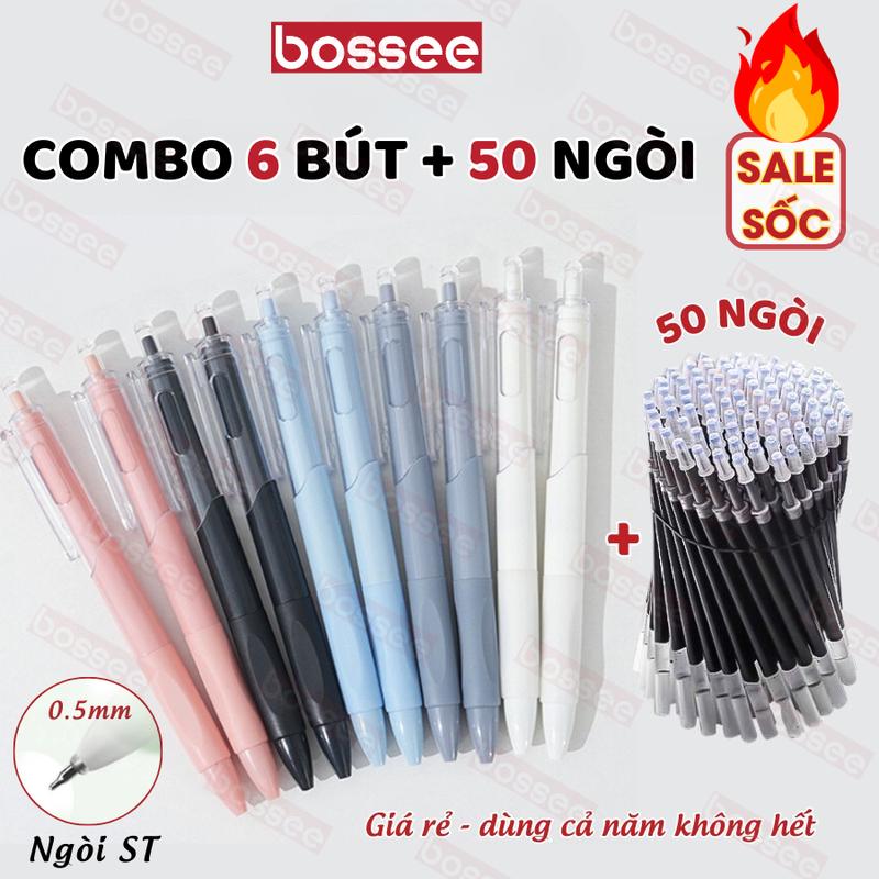  Bút mực gel COMBO 6 bút + 50 ngòi dùng cả năm bút bi mực đen viết trơn- vỏ pastel xinh xắn nhiều màu thoải mái lựa chọn 
