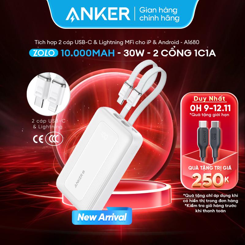   ANKER  Sạc dự phòng ANKER Zolo 30W 10kmAh - Sạc nhanh 30W - 2 cổng 1C1A - Tích hợp sẵn cáp USB-C vừa input vừa output - Sạc 3 thiết bị cùng lúc thích hợp cho iPhone 15 iPhone 16 Samsung iPad Tai nghe- A1680 