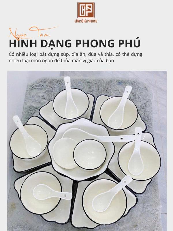 [Hà Phương] Bộ Bát Đĩa Hoa Mặt Trời 22 Chi Tiết Trắng Viền Đen Được Phủ Ceremic Cao Cấp