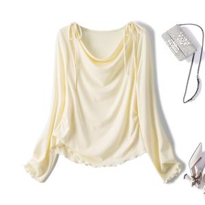 Kemeja-T Lengan Panjang Bertali Ikatan Simpul Manis, Gaya Lembut, Baju Langsing Saiz Besar Wanita, 63995