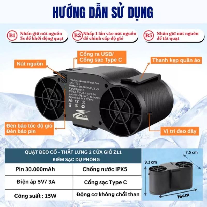 Quạt Đeo Thắt Lưng - Đeo Cổ Zlife Z11 30000mAh - Quạt Điều Hòa Tích Điện Dùng 30H Kèm Sạc Dự Phòng 7