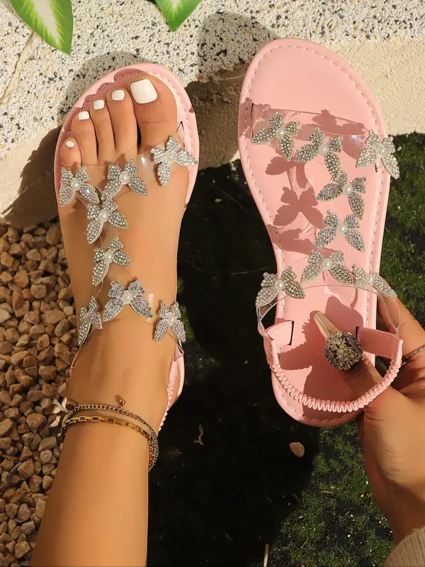 Women's Fashionable Butterfly Decorated Slide Sandals, Casual Comfortable Flat Sandals for Summer, Lightweight Breathable Shoes for Daily Wear, Girl Rhinestone Sandals 6
