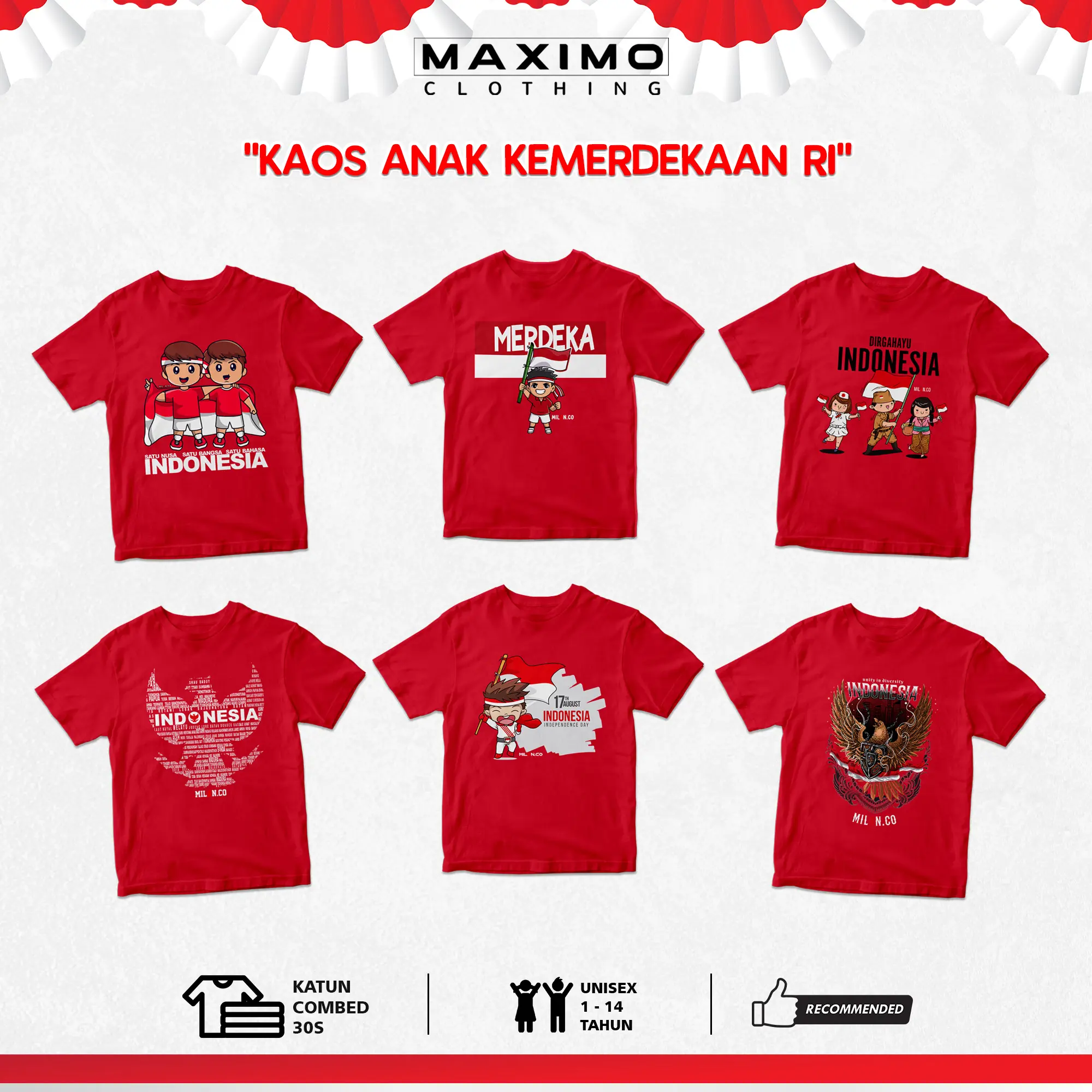 Kaos Anak Kemerdekaan RI Lengan Pendek Merah Bahan Katun Combed Usia 4 - 12 Tahun COD kaos agustusan anak Cotton Perempuan