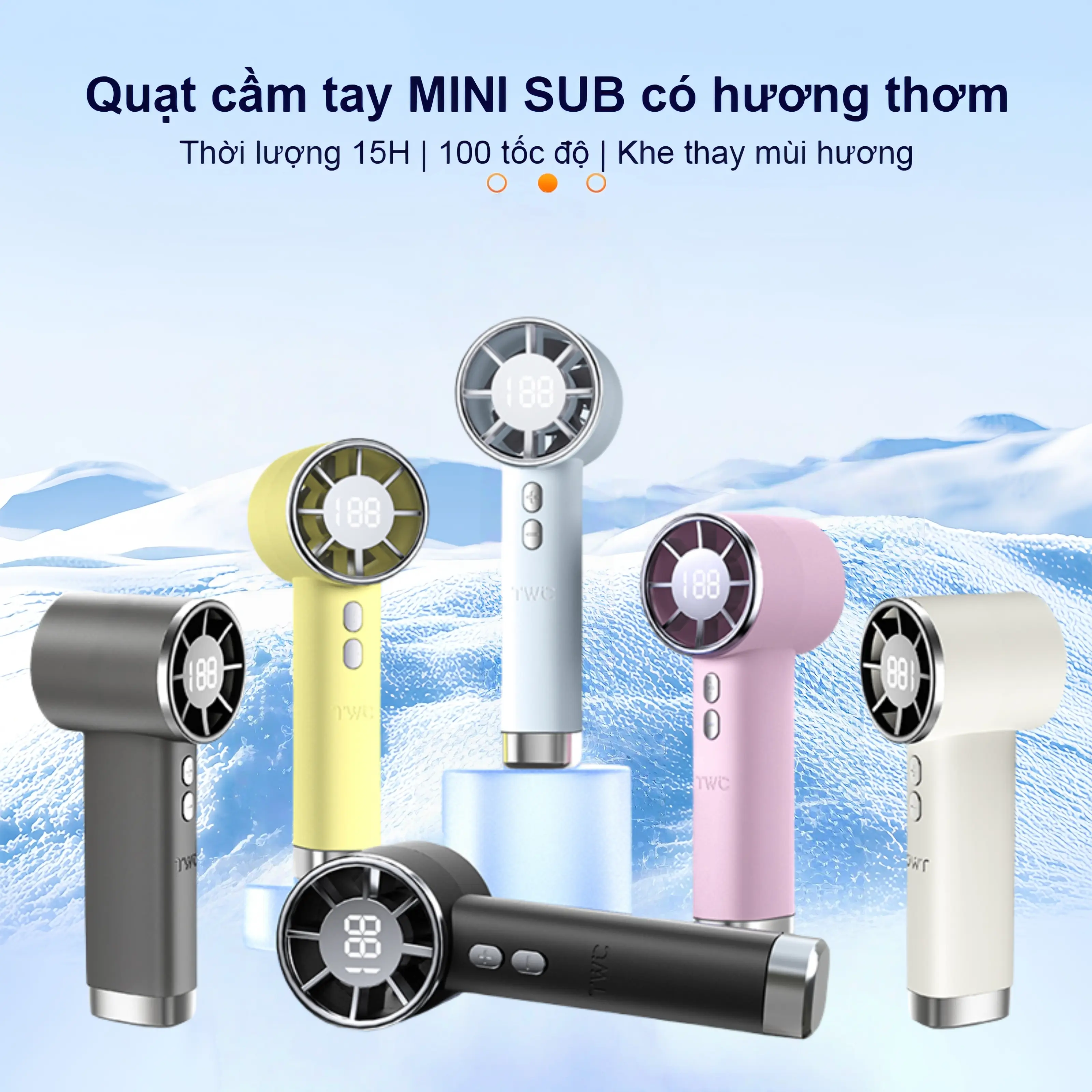 [Mới 2026] Quạt Cầm Tay TWC TS1013 | Tốc độ gió tới 9m/s Điều chỉnh 100 cấp độ | 6 Màu sắc Trendy | Vỏ nhám mịn cao cấp | Có khay chứa tinh dầu | Pin bền 3000mAh