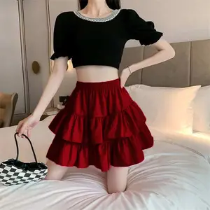 Rok Mini 2 Trap Wanita Terbaru Bahan Katun Twisocne Lingkar Pinggang 60-76Cm Panjang 40Cm Karet Full Pinggang