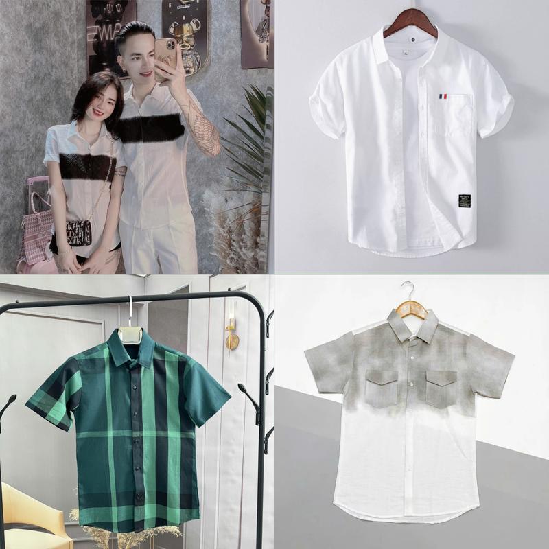  Áo sơ mi nam kẻ caro tay ngắn phối kiểu caro mẫu mới cao cấp-HẢI ĐĂNG STORE Cotton Menswear Ôm gọn Shirt Có Cổ Cổ Tròn 