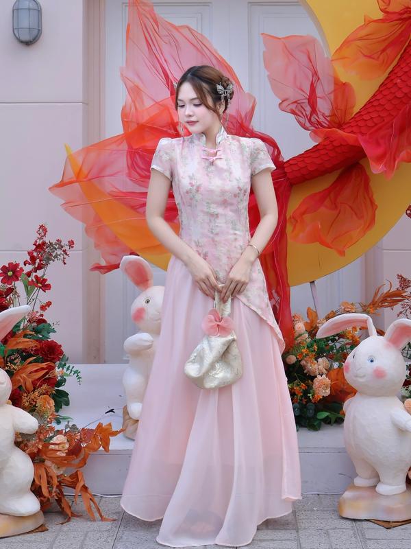 Set áo họa tiết cổ tàu xéo tà chân váy voan lưng chun Ảnh thật Sẵn