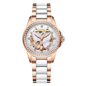 GUANQIN Women's Rose Gold Automatic Watch Bone Mechanical Self-winding Ladies Elegant Luxury Dress Butterfly Diamond White Ceramic Strap Watch for Women