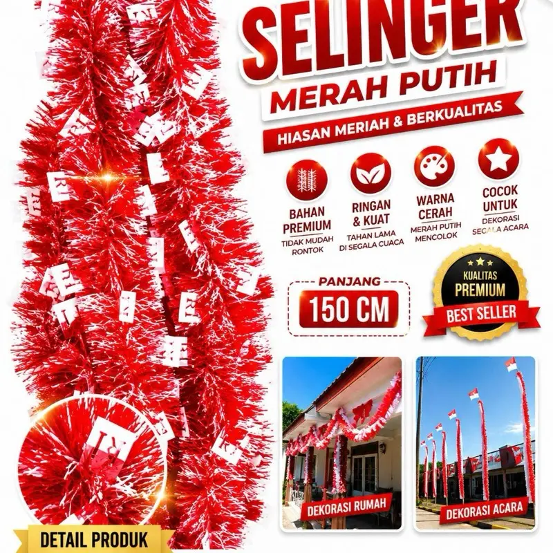 Selinger Merah Putih Hiasan Meriah & Berkualitas Bahan Premium Ringan Kuat Warna Cerah Cocok untuk Dekorasi Rumah Acara Panjang 150 CM Best Seller