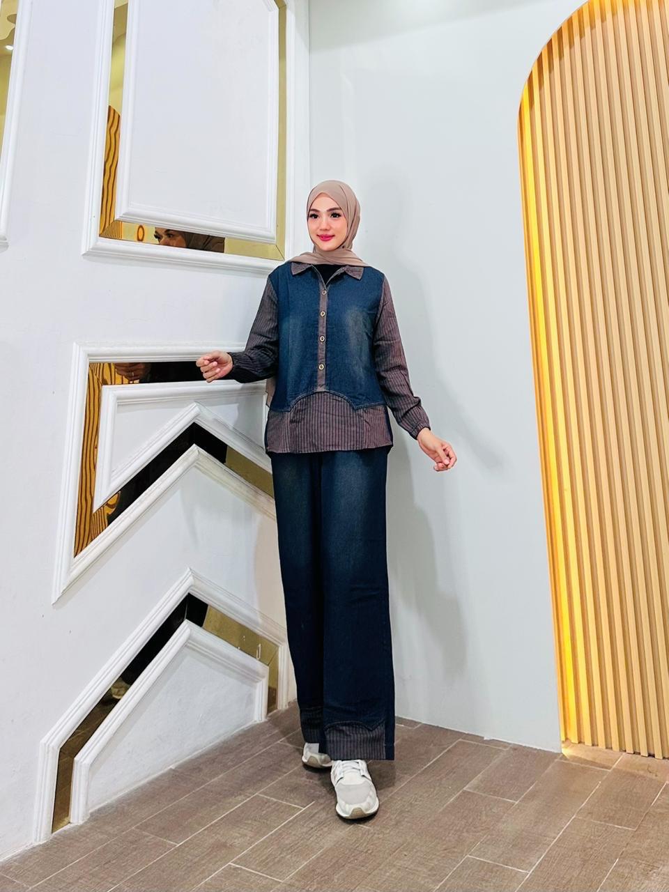 Meiko One Set Celana Jeans Salur Fashion Muslim Wanita Kekinian