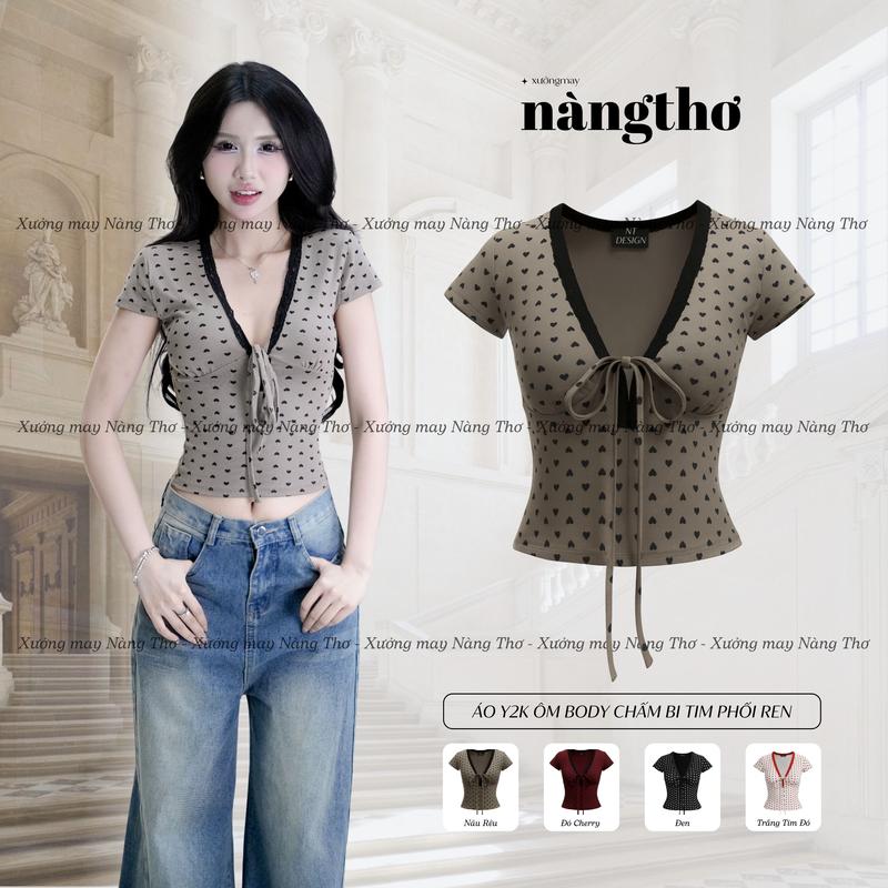  382 Áo Y2K Ôm Body Chấm Bi Tim Phối Ren Chất Thun Cotton Mịn 