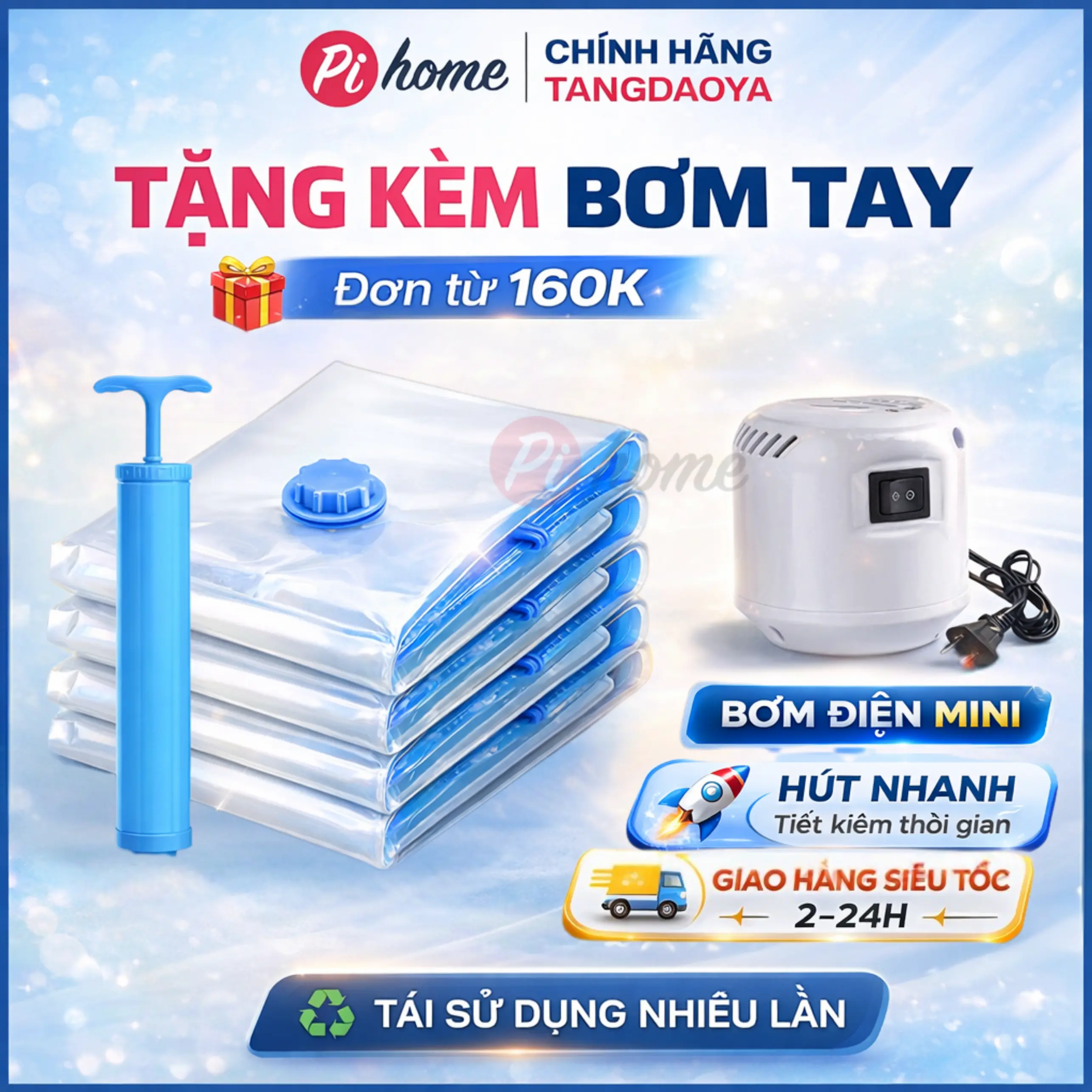 Túi hút chân không đựng quần áo PIHOME. Túi đựng đồ quần áo hút gọn công nghệ Nhật, chất liệu PA-PE bền dày