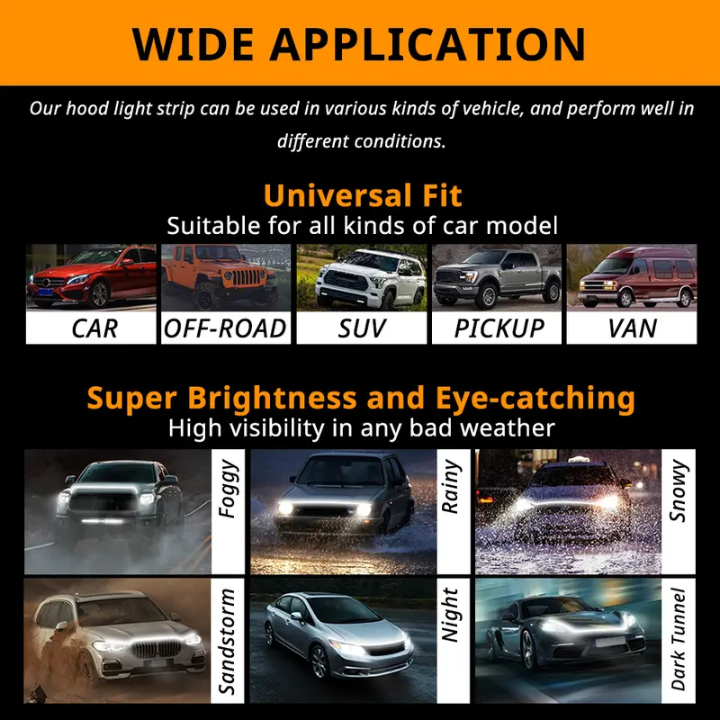 LED Car Hood Light Strip, Dynamic Scan Start-up 71 79 87 inch Flexible Waterproof DRL Daytime Running Lights, Universal Engine Cover Exterior Decoration Accessories for Cars SUV Truck, Car, BMW, Essential Goodies Light Bars Product, custom lighting 4