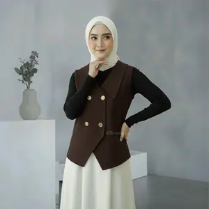GKW Outer Vest Double Breast Semiwoll Kardigan Muslim Wanita Kekinian Atasan Basic Mahogany Korean Style