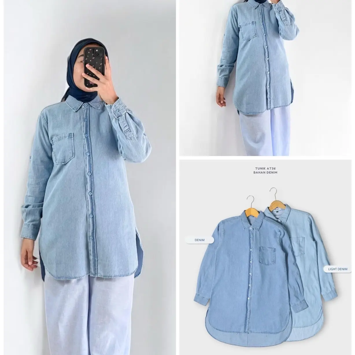 Anyostore AT36 Atasan Tunik Wanita Polos Bahan Denim