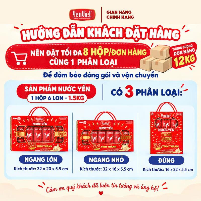 Hộp 6 lon nước yến sào đường phèn Yến Việt, bổ sung dưỡng chất, làm quà tặng sang trọng, 190ml/lon