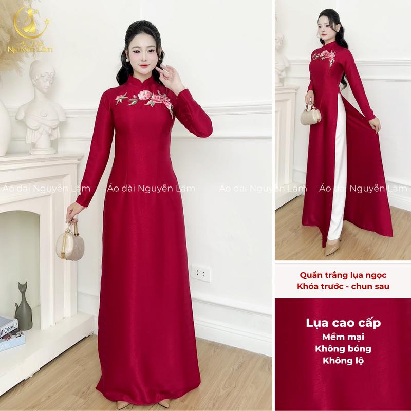 Áo Dài Kim Trà Lụa Vân Thêu Hoa Sắc Nét Size S-4XL Sang Trọng Thanh Lịch - Áo dài Nguyễn Lâm