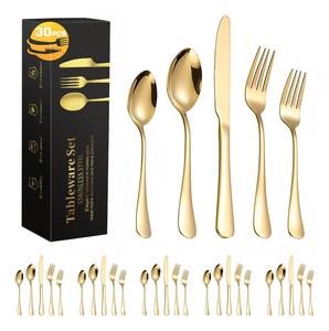 Juego de cubiertos de acero inoxidable de 30 piezas, disponible en oro y plata, para 6 personas. Su elegante diseño y su calidad superior lo hacen ideal para cocinas, restaurantes, banquetes y cualquier tipo de comida