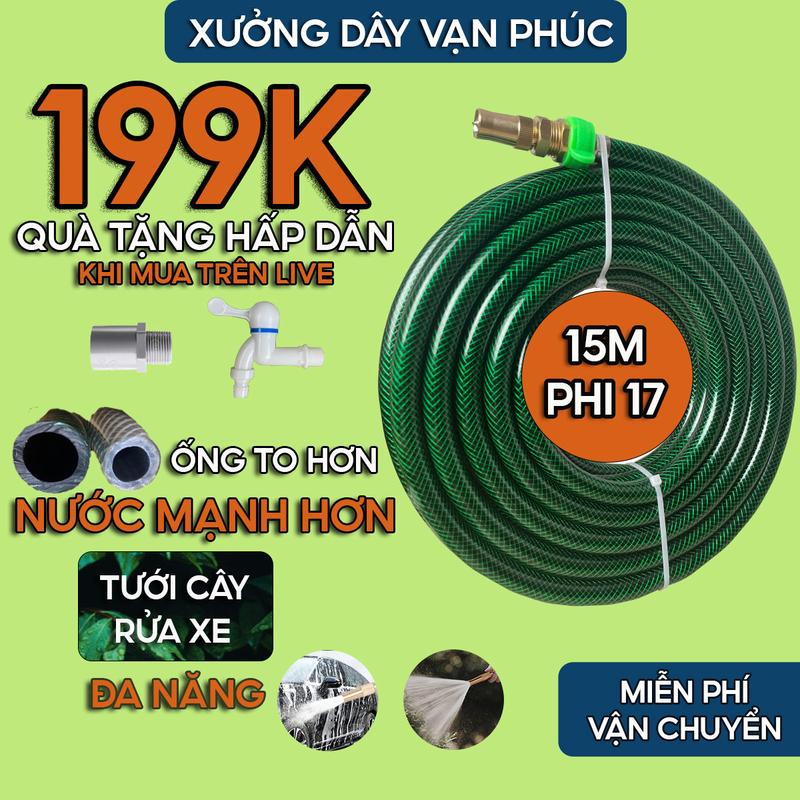 Bộ dây Xanh 15M ( ỐNG TO 17MM ) xịt rửa xe , tưới cây , dây nhựa dẻo , đầu nước cấp gắn tán đồng thâu răng trong 21 , có gắn vòi xịt chất liệu đồng thâu