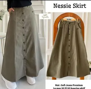 NESSIE Skirt Rok Jeans Denim Wanita Semi A-Line rok ngatung
