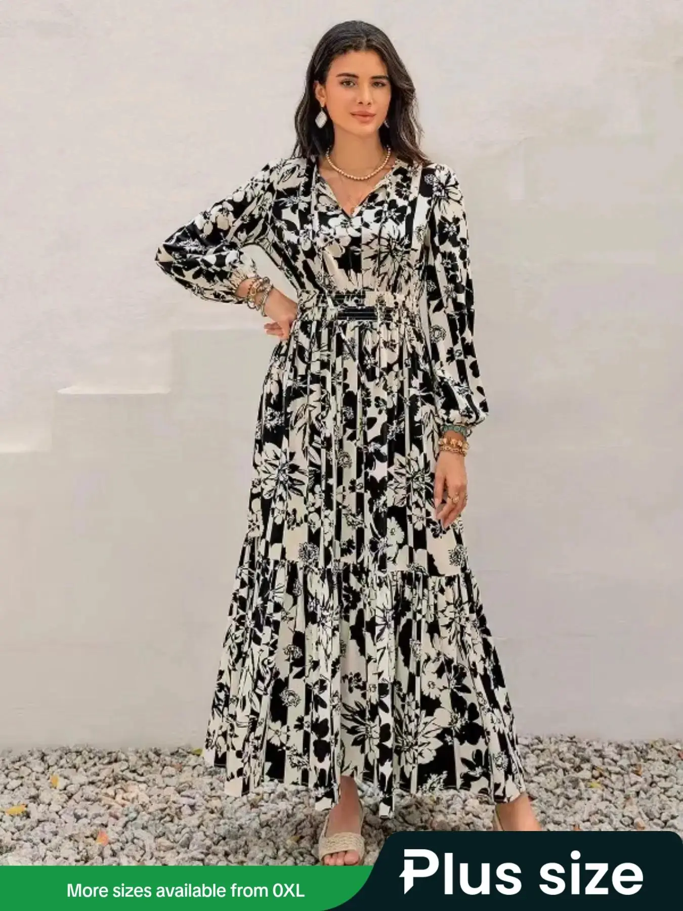【Plus Size】 All Over Print Tie Front Tiered Layer Dress, Boho Bishop Sleeve Tie Neck Long Sleeve Dress for Spring & Fall, Women's Clothes for Daily Wear