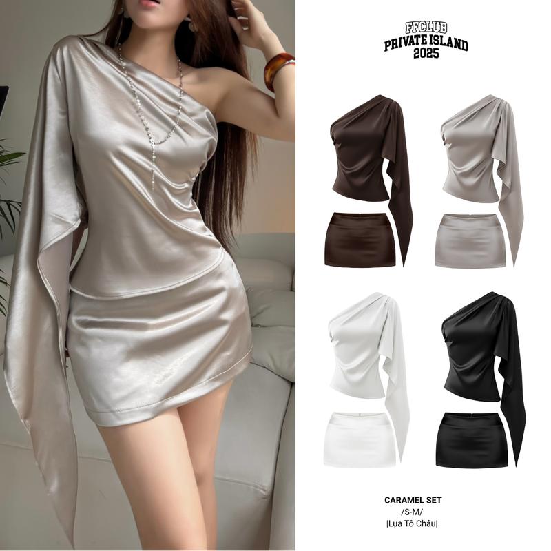   CÓ TÁCH SET  ÁO LỤA LỆCH VAI CARAMEL + CHÂN VÁY LỤA 2 LỚP CARAMEL - FRIENDS FOREVER CHÍNH HÃNG 