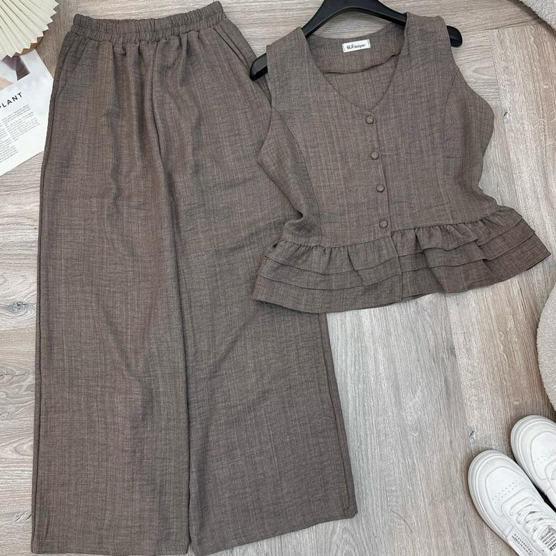  Q72 Set  áo cổ V bèo cột nơ phía sau + quần dài vải đũi  form 40-60kg mang vừa phù hợp đi chơi . di du lich chất mát thoáng thấm hút mồ hồi Hằng tidy 