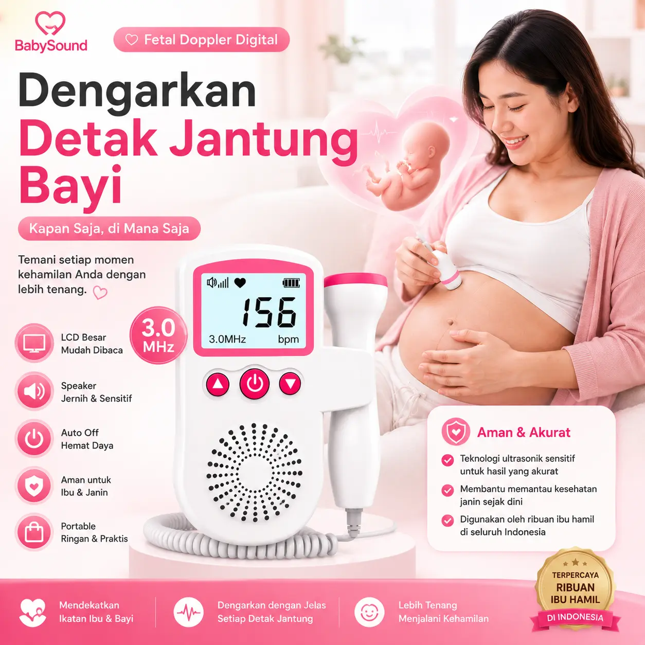 Mom Care Paket Dopler Detak Jantung Bayi Fetal Doppler 3.0MHz Fetal Doppler Alat Deteksi Janin Bayi