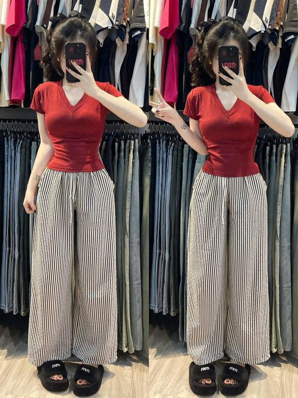 Bộ đồ nữ Quần ống rộng Kẻ Sọc Dọc mix áo babytee Cổ Tim Chất Tăm co giãn 4 chiều - Top Women (SP Bình dân)