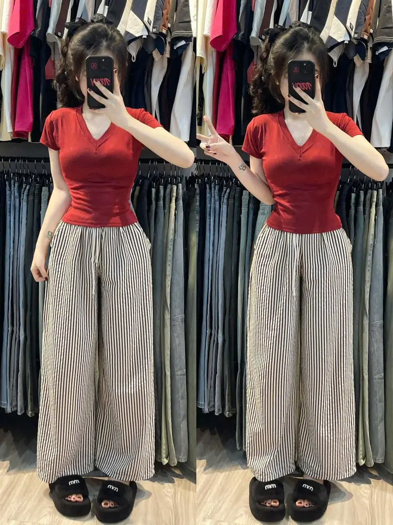 Bộ đồ nữ Quần ĐŨI nhăn ống rộng Kẻ Sọc Dọc phối áo babytee Cổ Tim Chất Tăm co giãn 4 chiều - Top Women (SP Bình dân)