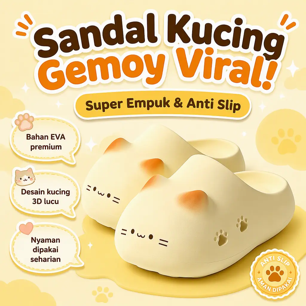 Sandal Clog EVA Motif Kucing Lucu Telinga Kuning, Sandal Rumah Anti Licin Desain Kekinian Wanita