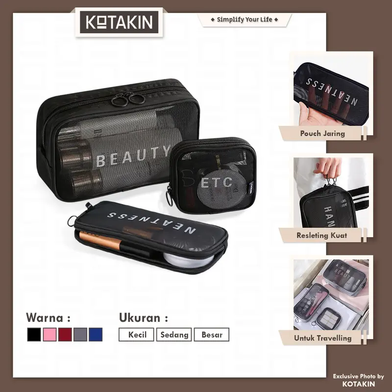 KOTAKIN Tas Make Up Pouch Travel Washbag Kosmetik Organizer Jaring Penyimpanan Multifungsi 0