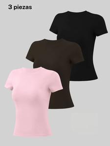 Conjunto de camiseta deportiva de cuello redondo para mujer, alta elasticidad, cómoda en verano, manga corta, tela transpirable, ajuste ceñido casual
