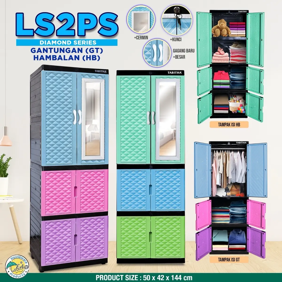 Lemari Pakaian Plastik Tabitha LS2PS Gantungan Hambalan Kunci Cermin Furniture